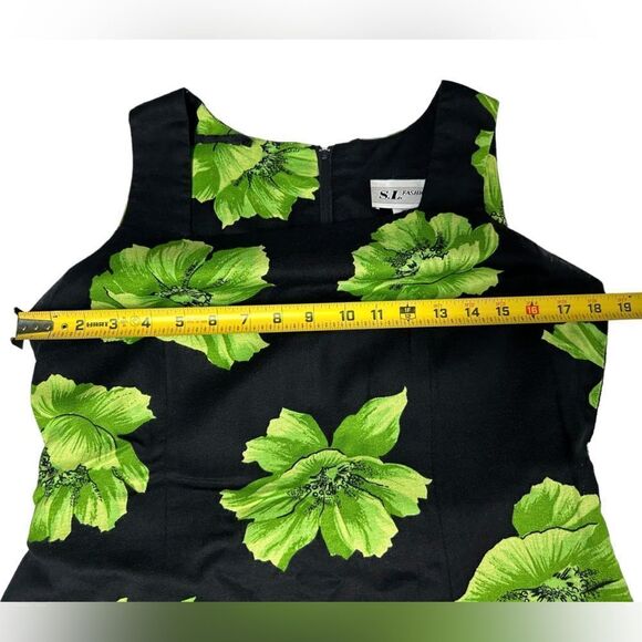 Vintage S.L. Fashions Floral Short Black Sleeveless Mini Dress Green Flowers - Picture 5 of 10